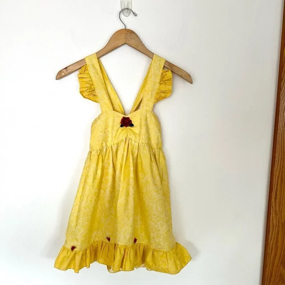 Handmade Boutique Childs Belle Yellow Marbled Sweetheart Bodice Embroidered Rose